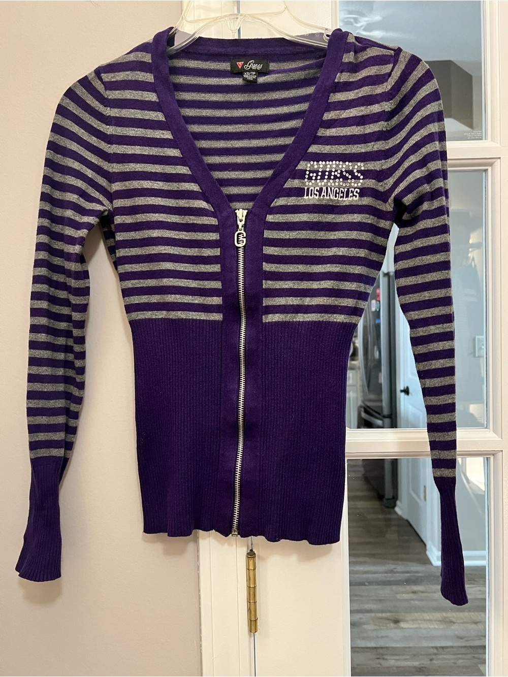 Y2K Guess Purple & Gray Striped V-Neck Zip Sweater